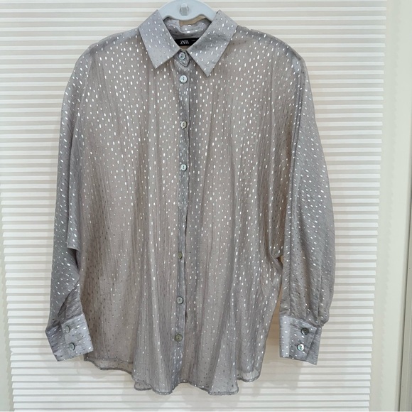 Zara Long Sleeve Button Down Shirt Polka Dot Silver Gray S - Picture 1 of 8